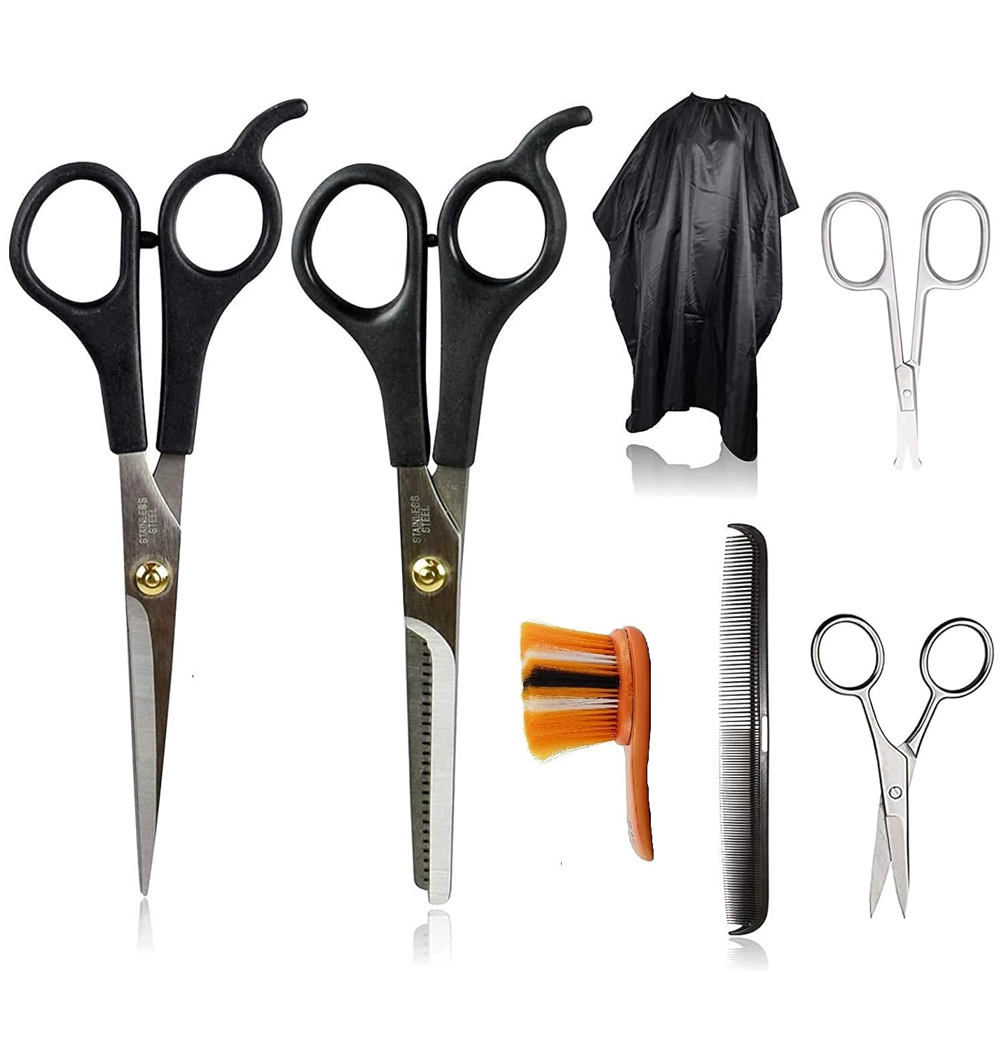Hair Cutting Thinning Scissors Set 7 PCS for Nose, Ear Hair, Beard Neck Duster wooden Brush, Comb, Haircut Cape,Multi-Use Haircut Kit Scissors Set For Barber Salon Home Use