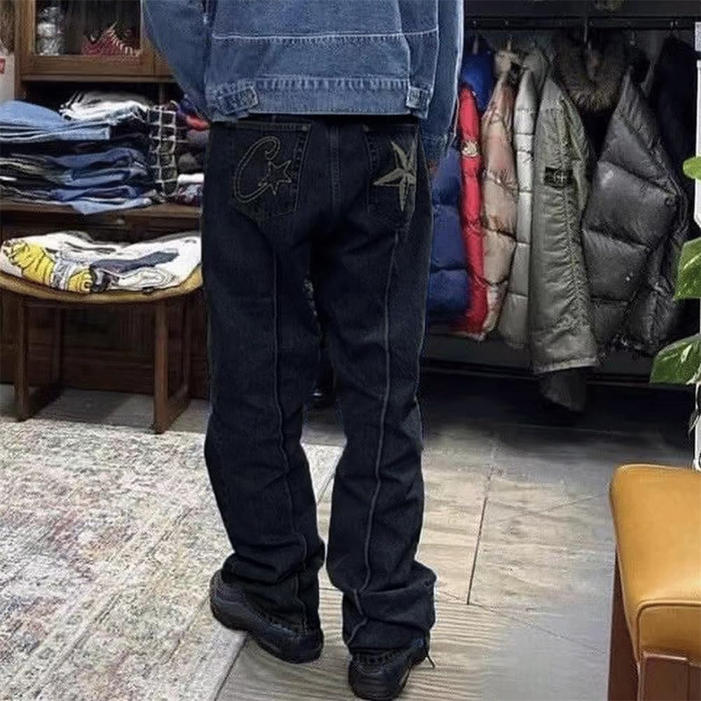 ORANDESIGNE Y2k Jeans Herren Hip Hop Retro Schädel Stickerei Gewaschen Baggy Denim Hose Lässig Lose Weites Bein Hose Streetwear