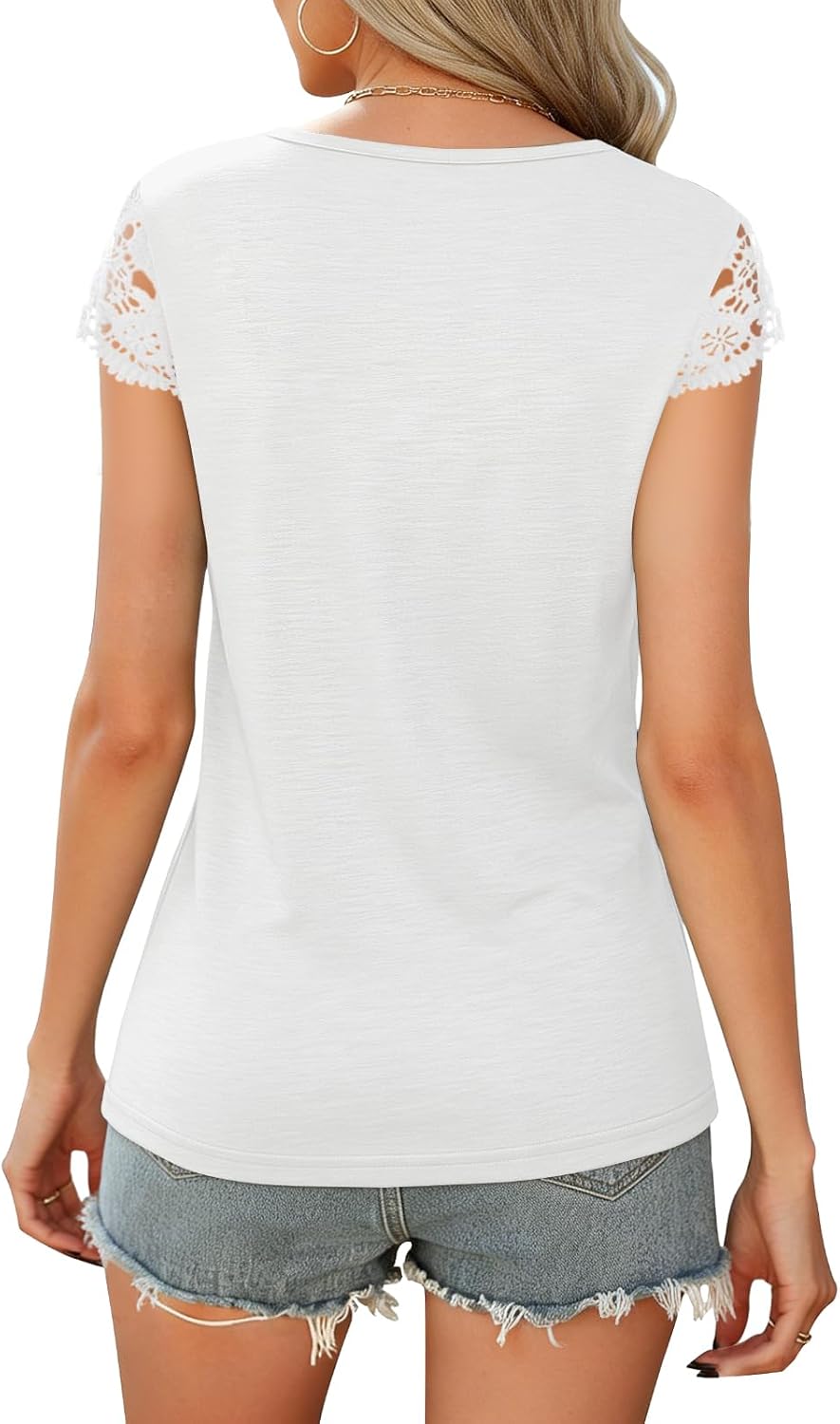 Womens Tops V Neck Short Sleeve T Shirts Casual Soft Basic Lace Tops image 3