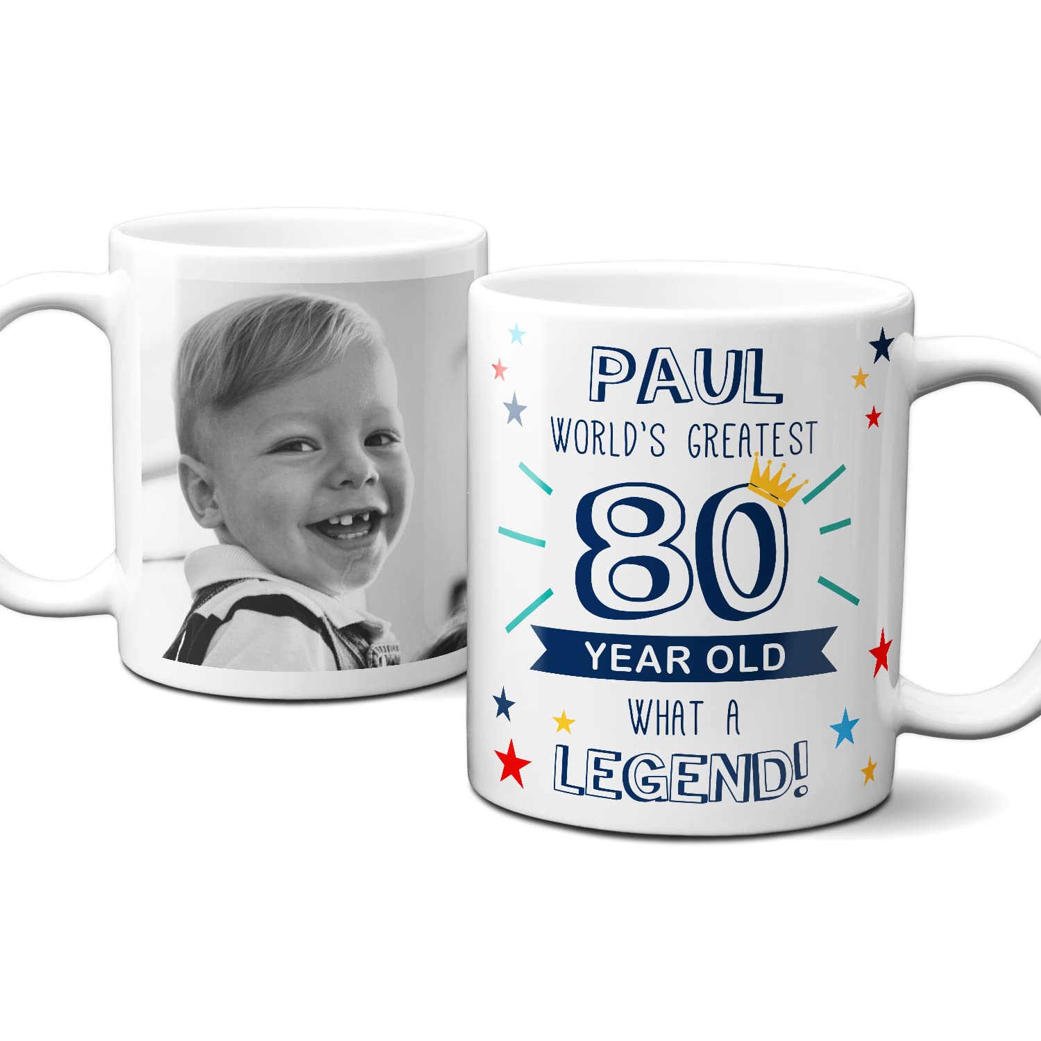 Thoughtful Gifts Personalised Mug, Porcelain, 80th Birthday, World's Greatest 80 Year Old, Add Name and Photo, Dishwasher Safe, UK