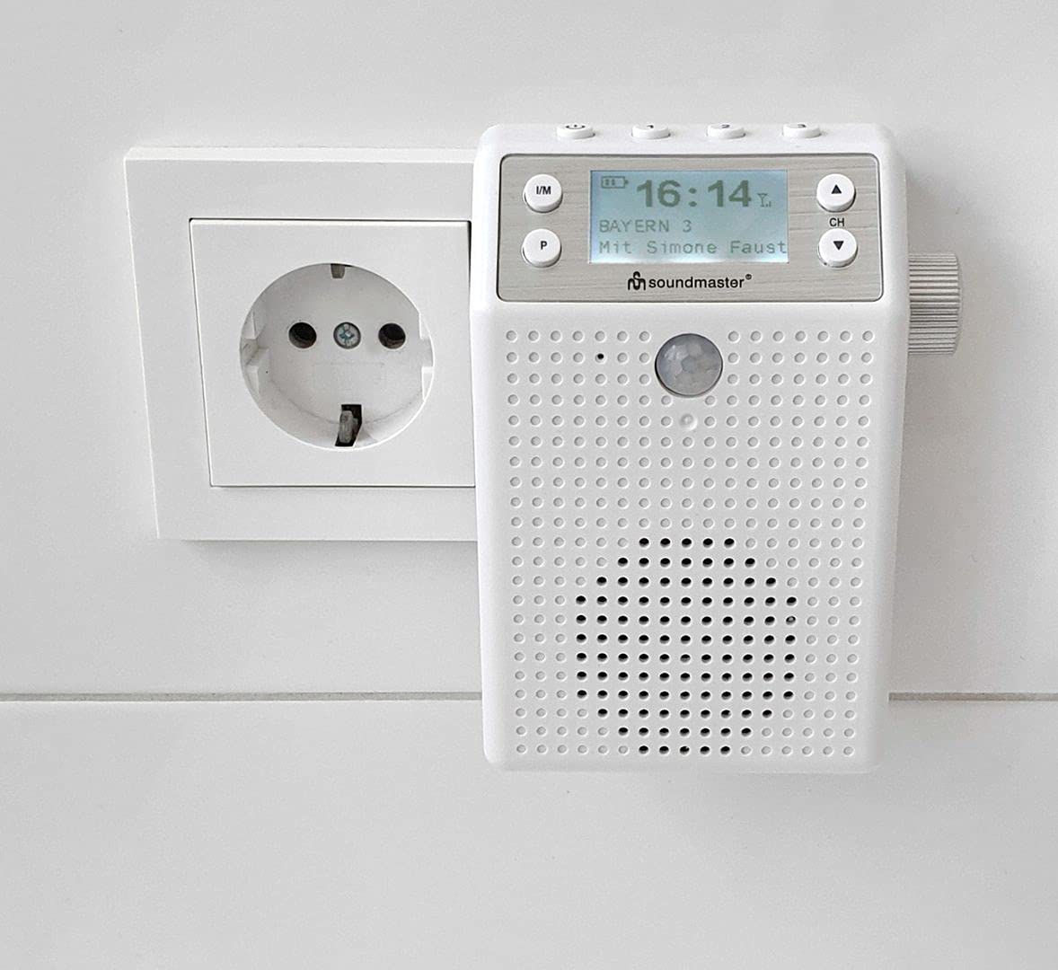 Soundmaster DAB60WE - Radio Portatil Pequeña con Radio Dab Plus/FM-RDS, Radio Bluetooth, 20 Emisoras Presintonizadas, Detector de Movimiento, Resistente a Salpicaduras IPX4