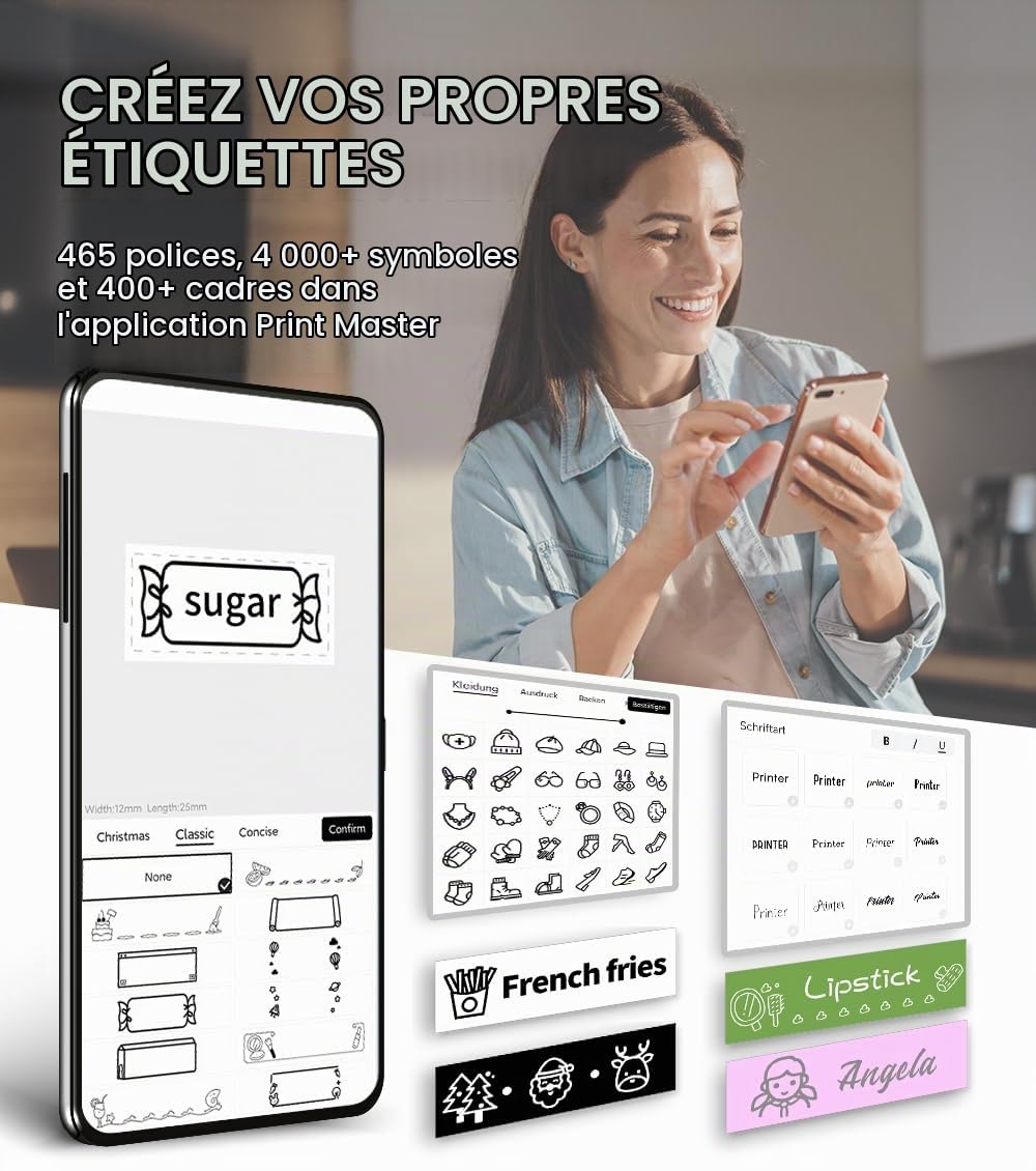 Phomemo P12 Étiqueteuse: pour Vêtements, école, Cuisine et Bureau | 3-en-1: Étiquettes autocollantes, thermocollantes et rubans satin. Avec l'app Print Master. Idéal pour vêtements