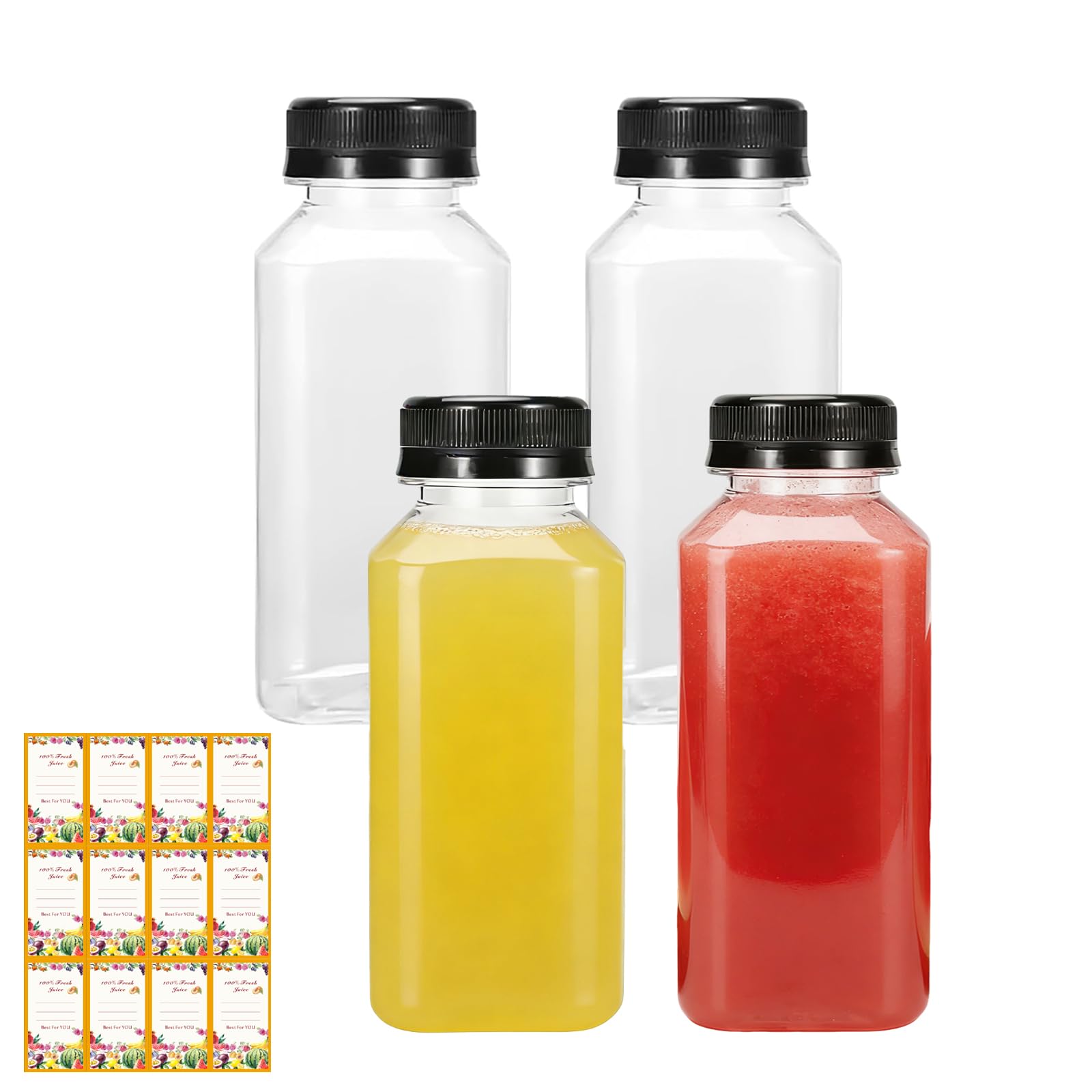 4 Pcs 250ml Plastic Bottles,Juice Bottles with Lids,With Label,Reusable Drink Containers for Home,Portable Plastic Milk Bottle Storage for Milk,Smoothie,Juice, For Home, Party, Camping and as Gifts