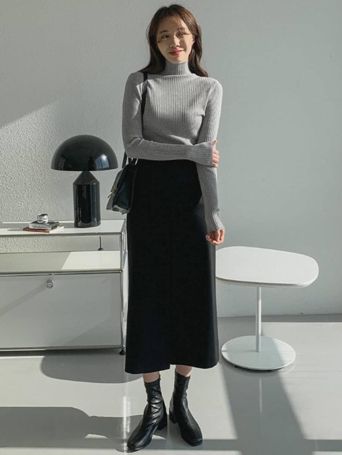 Women's Sweater High Neck Ribbed Knit Sweater Sweater for Women (Color : Gray, Size : Medium)