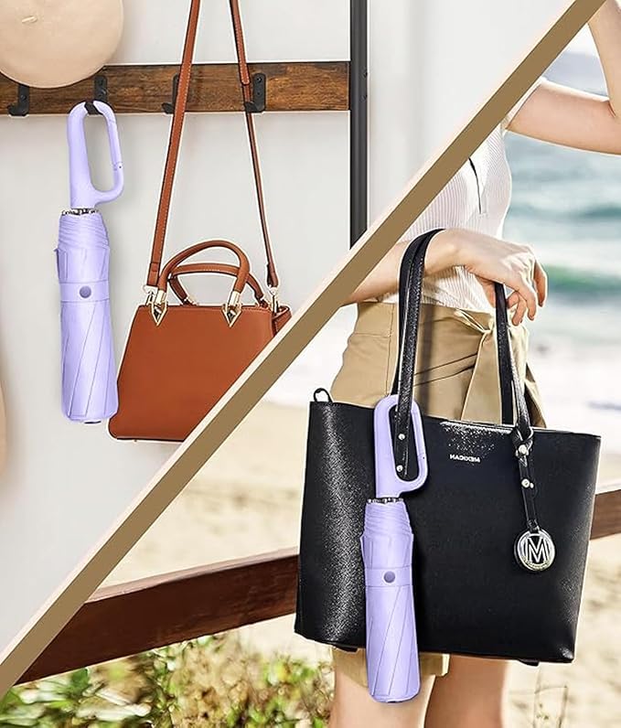 Image of TEKCOOL UV Umbrella with Novelty Carabiner Handle, Travel Umbrellas for Rain and Sun Windproof Compact, Automatic Open Close, 8 Ribs, Portable Umbrella for Men and Women(Purple)