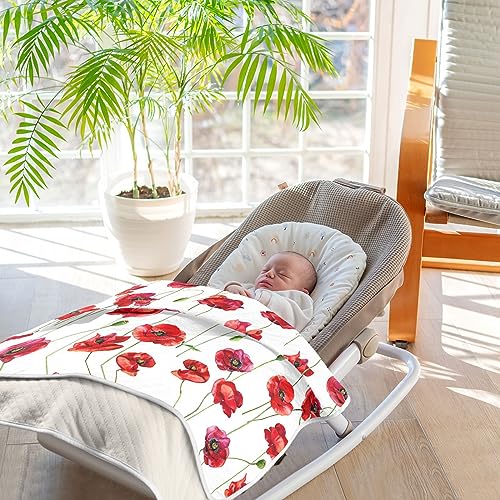Image of Swaddle Blanket for Red Poppy Flowers Baby Receiving Blanket Muslin Baby Swaddles Soft Cotton Breathable Nursery Blankets for Unisex Boys and Girls 30x40 Inch