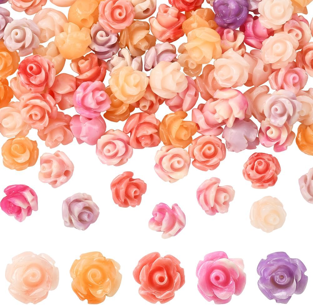 1 Box 100Pcs Carved Rose Beads 3D Flower Beads Colorful Assorted Floral Dyed Synthetic Coral Small Craft Smooth Loose Spacers for Jewelry Making Bracelets Necklaces DIY Crafts Accessories