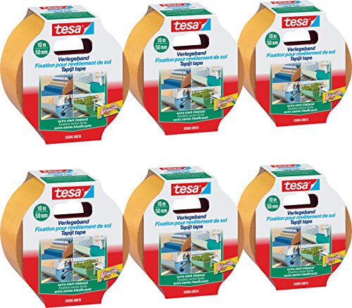 tesa 6 Stück doppelseitiges Verlegeband/Extra stark klebend - für alle Teppiche und PVC Beläge/Für Fußbodenheizung und feuchte Räume geeignet / 50mm x 10m