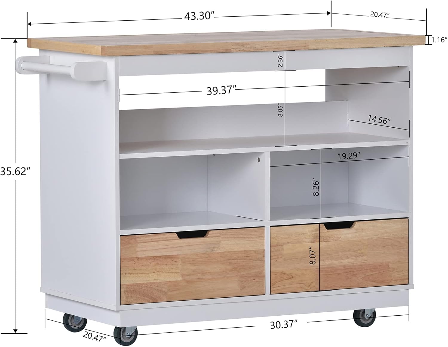 Bellemave Kitchen Rolling Cart with Wheels, Mobile Kitchen Island with Storage 2 Drawers,Towel Rack, Spice Rack, Kitchen and Dining Room Utensils Organizer, White