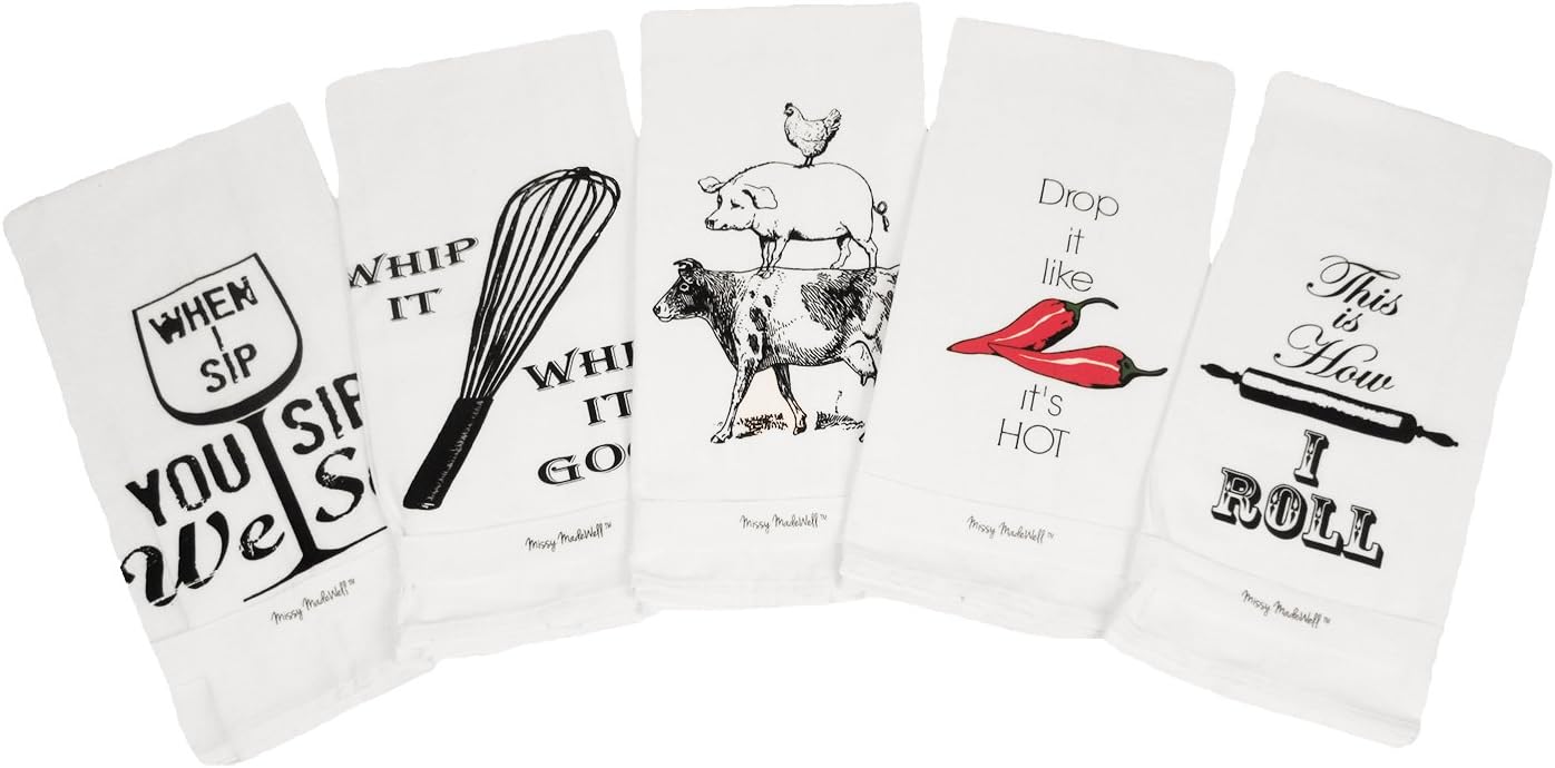 Missy MadeWell 5 Piece Print Hang Tight Flour Sack Towel