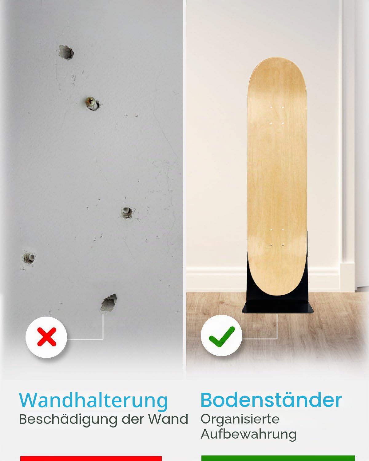 Tragbarer Skateboard-Bodenständer, Dual-View-Aufbewahrung und Display für Skateboard