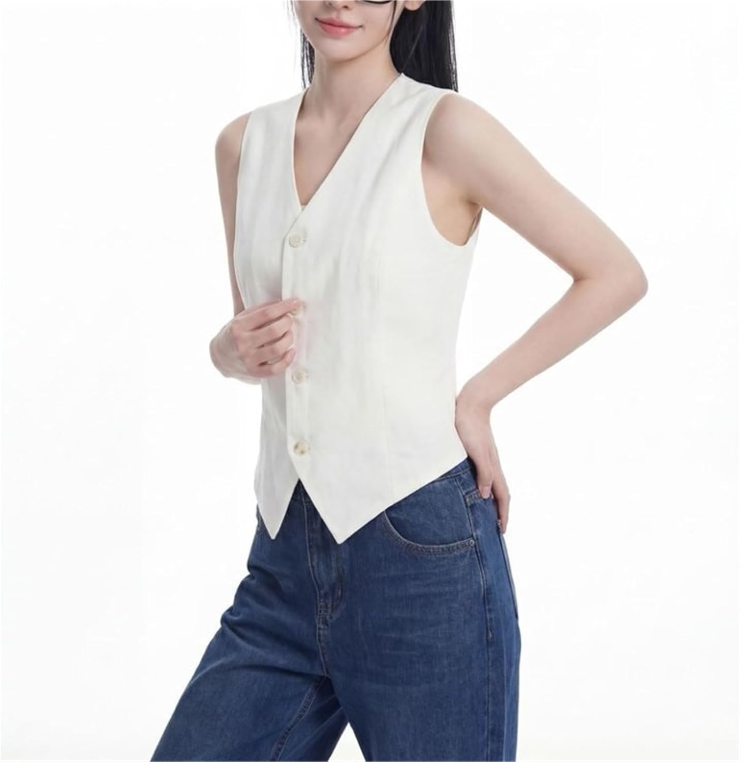 Women's V-neck Linen Single-breasted Suit Vest Workplace Business Daily Dating Versatile Slim Fit Short Vest Jacket