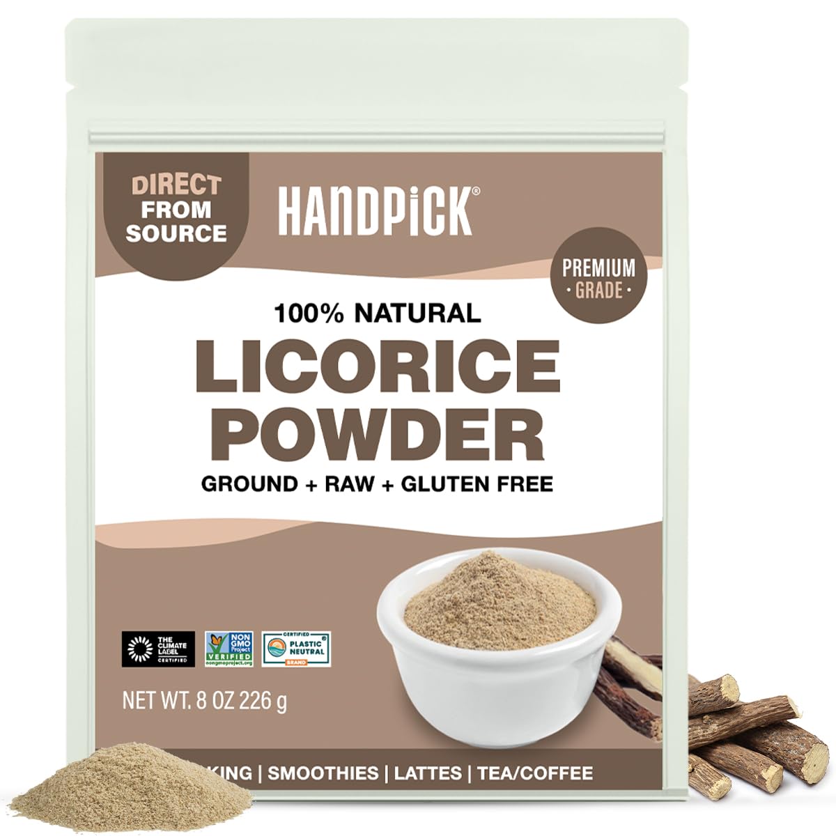 HANDPICK Licorice Root Powder (226g/8oz) Non GMO, Gluten Free, 100% Raw Ground Mulethi, Sourced from India, Glycyrrhiza Glabra, Packed in Resealable Ziplock Pouch