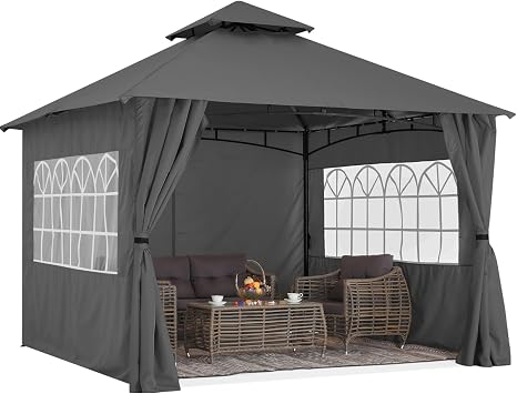MASTERCANOPY Patio Gazebo Steel Frame Outdoor Gazebo with Windows Curtains 10x12,Dark Gray