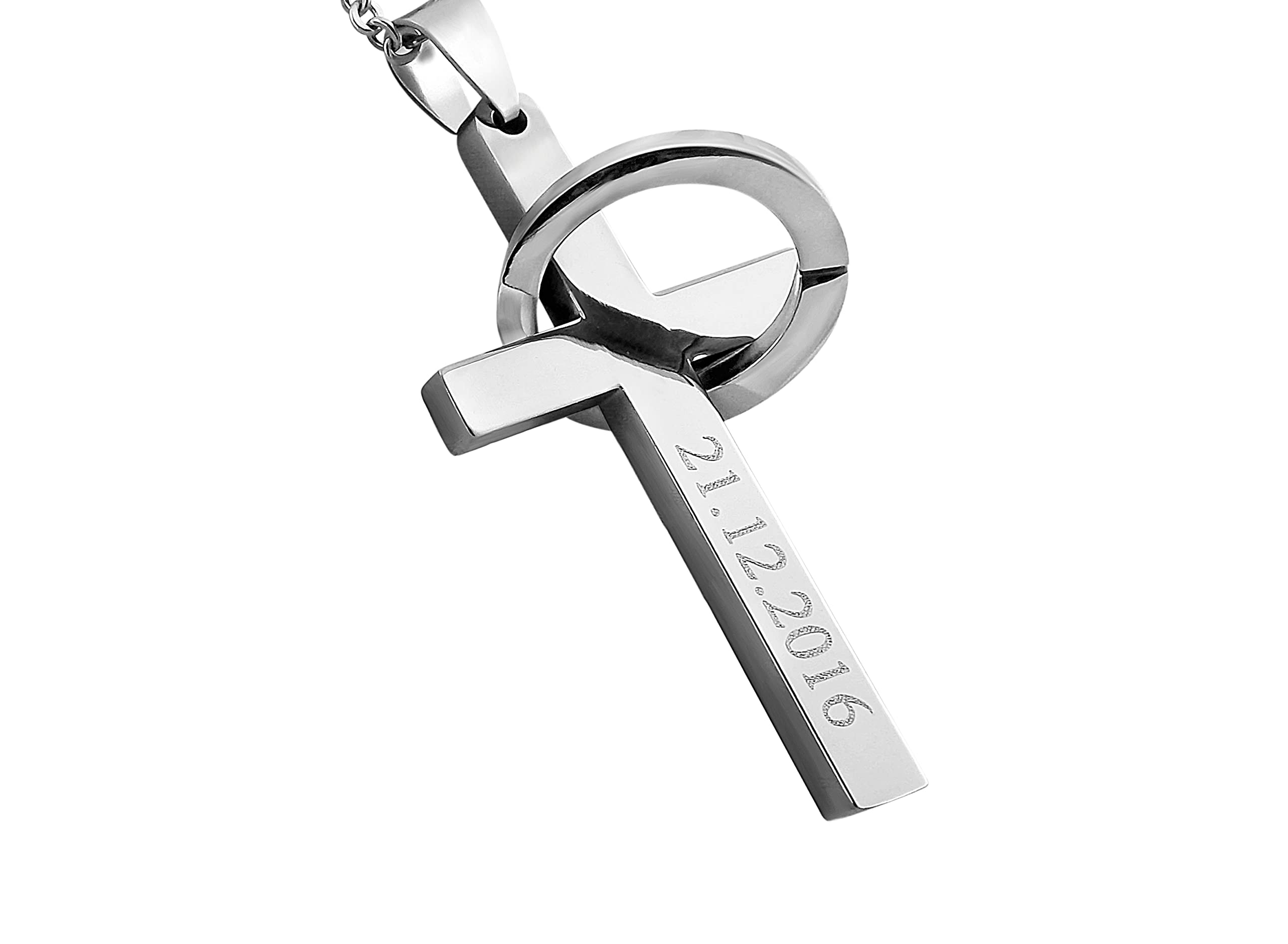 Personalisierte Kette mit Gravur Edelstahl 50 cm mit Anhänger Kreuz mit Datum in silber - Personalisierte Halskette für Frauen Männer - Personalisierter Schmuck Damen Herren Kettenanhänger