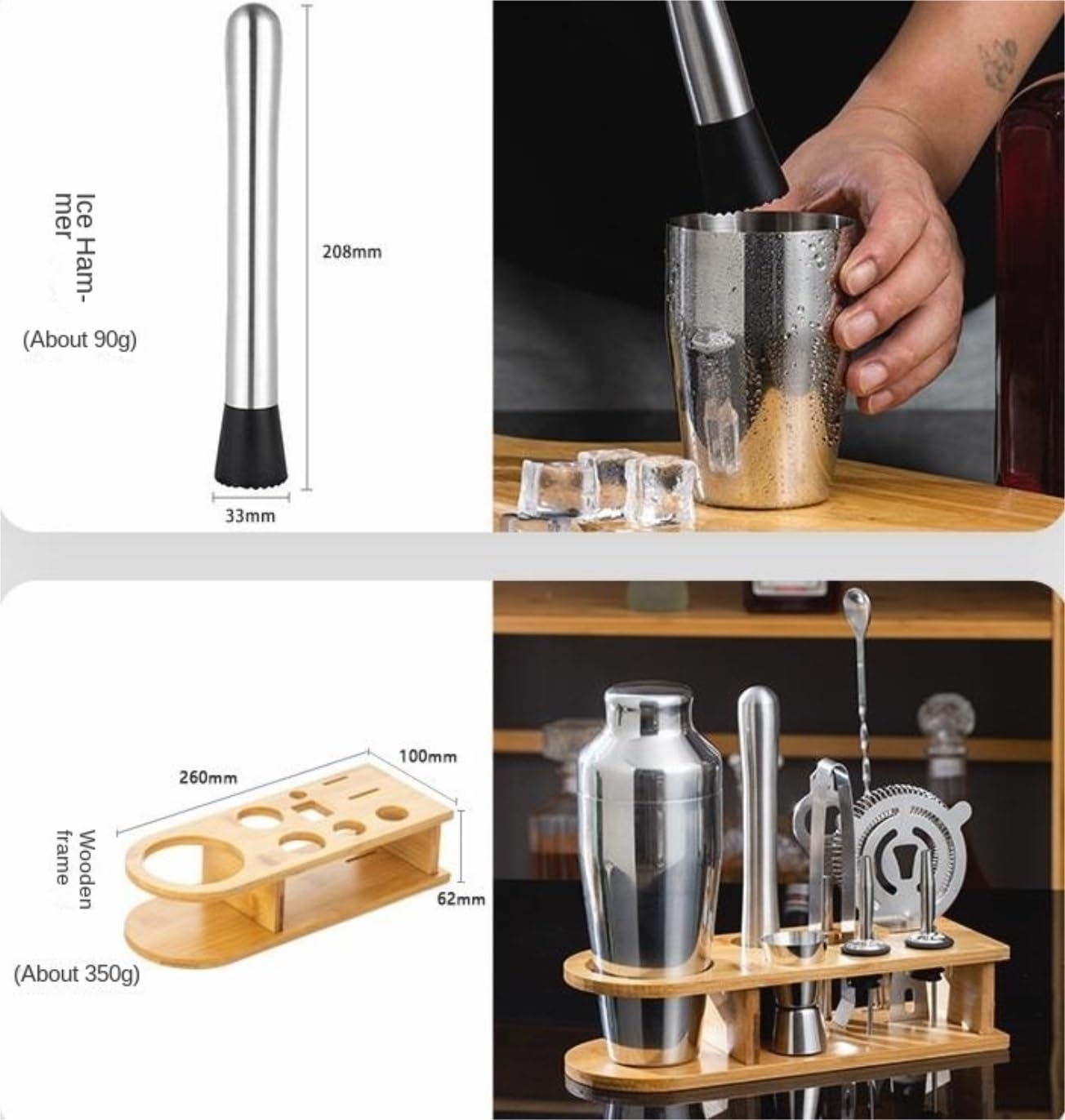 Juego de Cocktail Shaker Juego De Coctelera De 10 Piezas con Soporte De Bambú Juego De Barman De Acero Inoxidable Juego De Herramientas De Barra Coctelera Profesional Herramientas