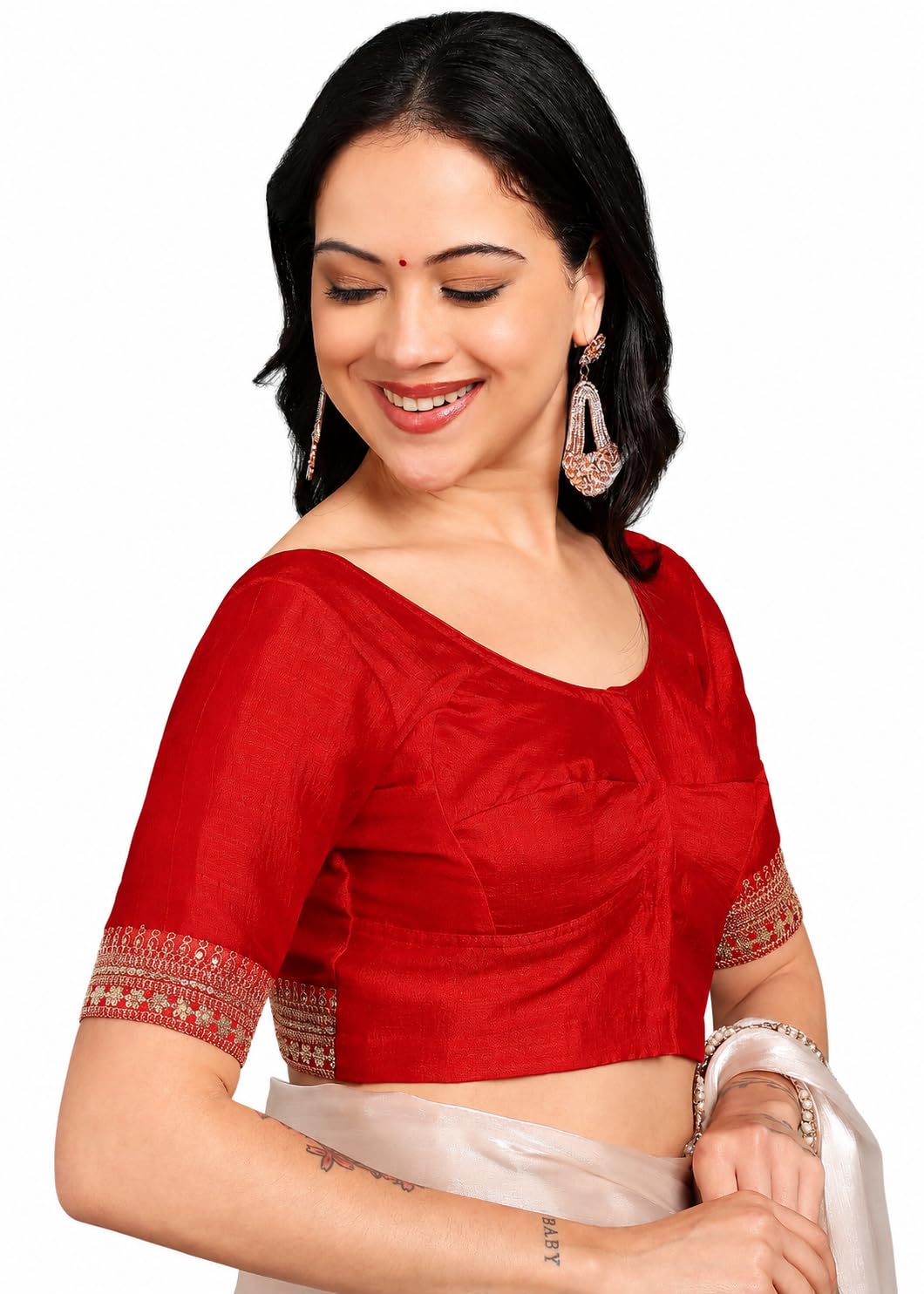 Women's Designer Silk Blend Saree Blouse, Red, Golden Embroidery, Deep Back with Dori Tie-Up, Half Sleeves, Wedding-picture-40