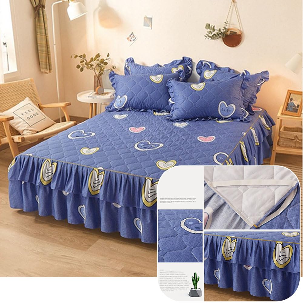 Morbuy Gonna da Letto Trapuntata per Singolo Matrimoniale e Una Piazza e Mezza Elasticizzata Copriletto con Volant Coprirete per Letto Lenzuola con 2 Federe (150x200cm,Giallo Blu)