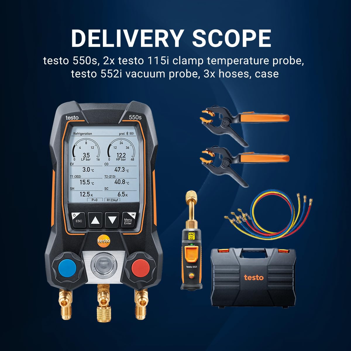 Testo 550s Kit I distributore digitale alimentato da app, 2 termometri Testo 115i, 1 misuratore Testo 552i Micron e un set di 3 tubi I per sistemi HVAC – con Bluetooth, nero