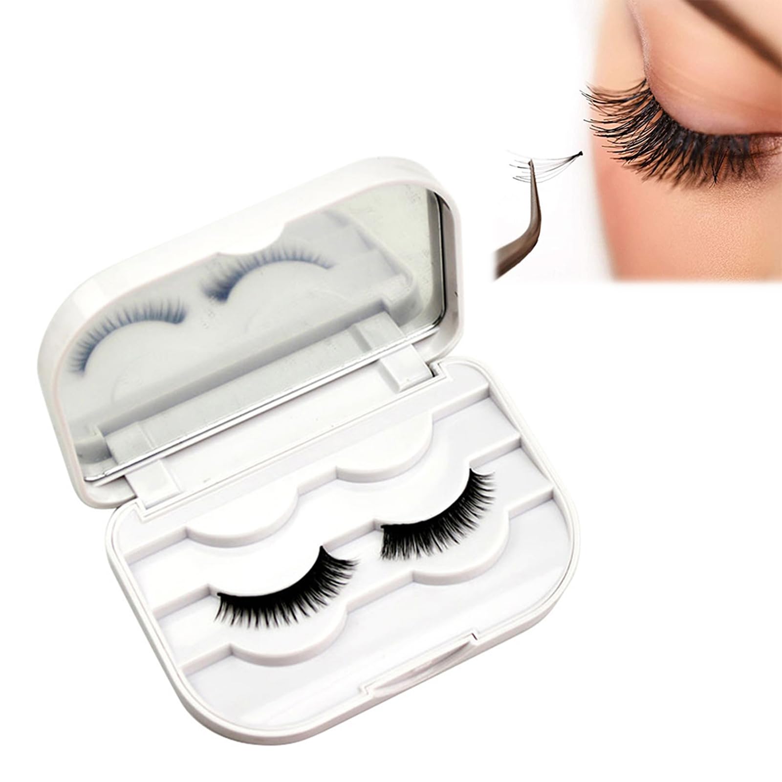 Mikiuly Wimpern Aufbewahrungsbox, Kunststoff Behälter für falsche Wimpern mit Spiegel, Weiß Kosmetik