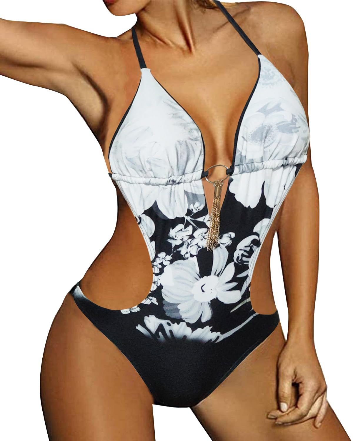 JFAN Mujer Halter Trajes de Baño Una Pieza Bikini Push Up V-Cuello Monokini Traje de Baño de Cintura Baja Ropa de Playa Bikini Sets