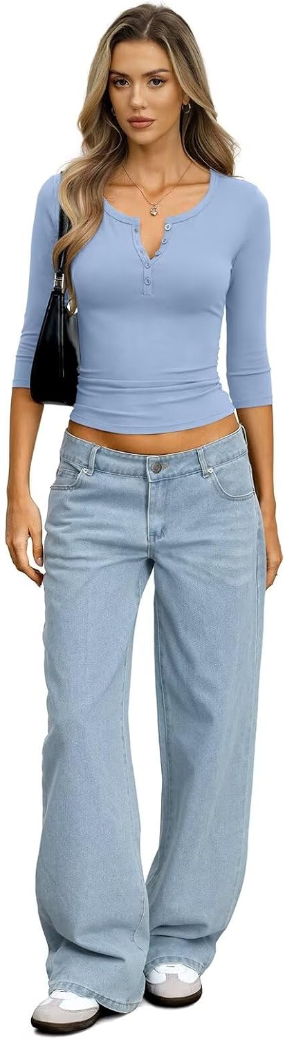 Womens Cotton 3/4 Length Sleeve Henley Tops Slim Fit V Neck T Shirts Basic Going Out Tee Summer Trendy Outfits - Image 6