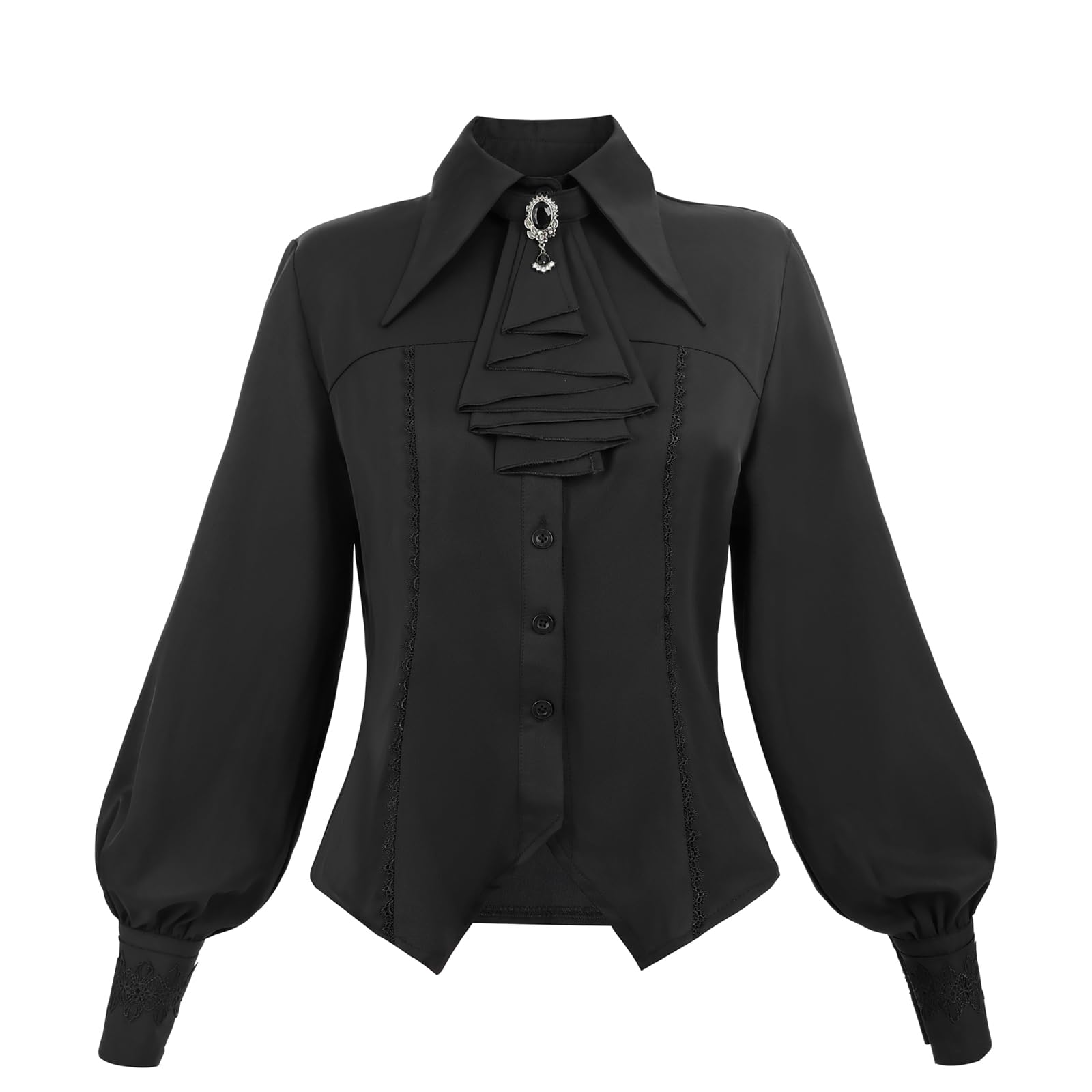 Fiamll Damen Viktorianisch Bluse Vintage Schleifenhemd Stehkragen mit Ruff Langarmshirt Mittelalter Bluse