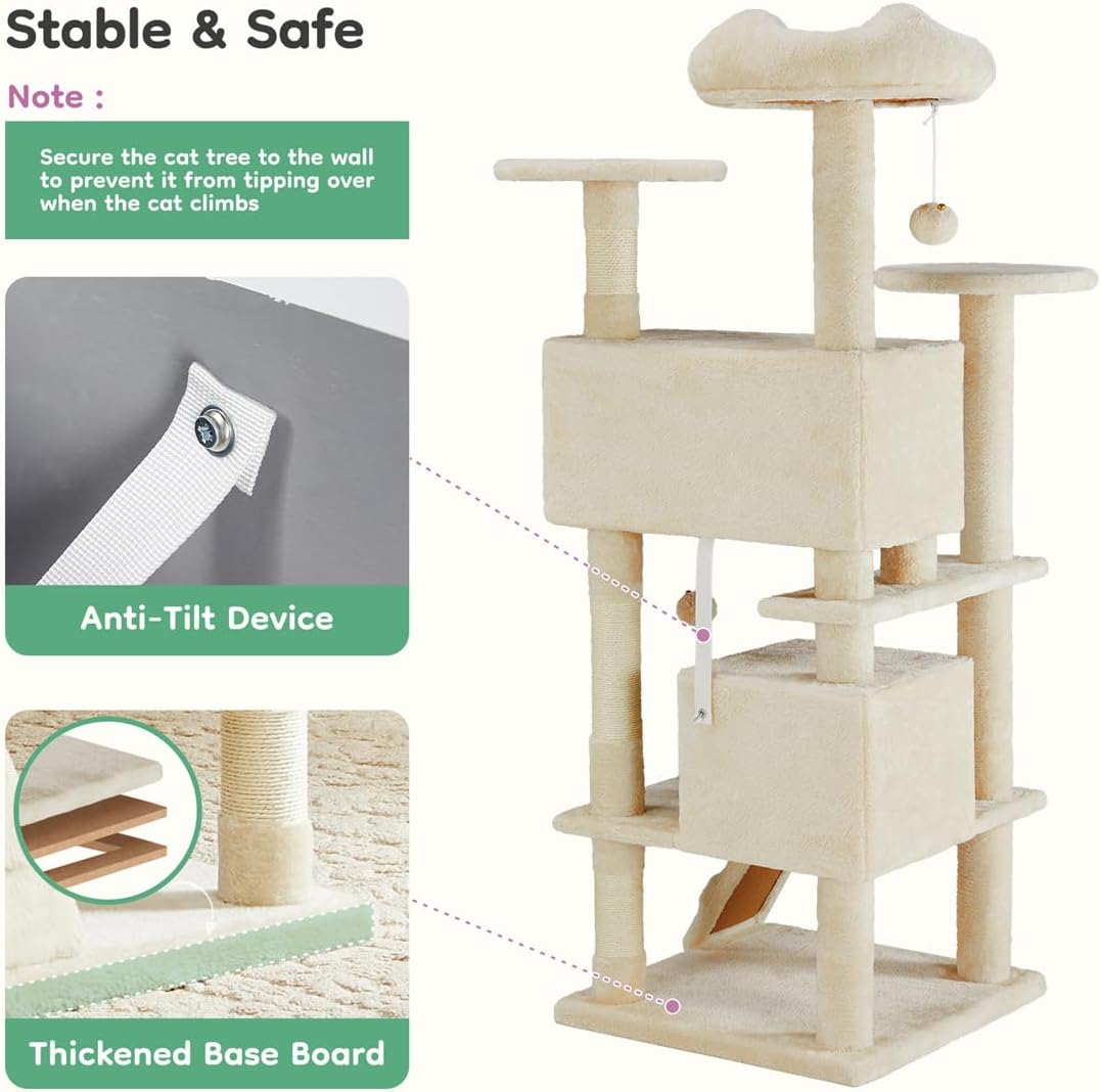 Cat Tree 54in Multi-Level Cat Tower with Sisal Scratching Post, Large Condo, Climbing Ladder for Kitten Indoor, Beige