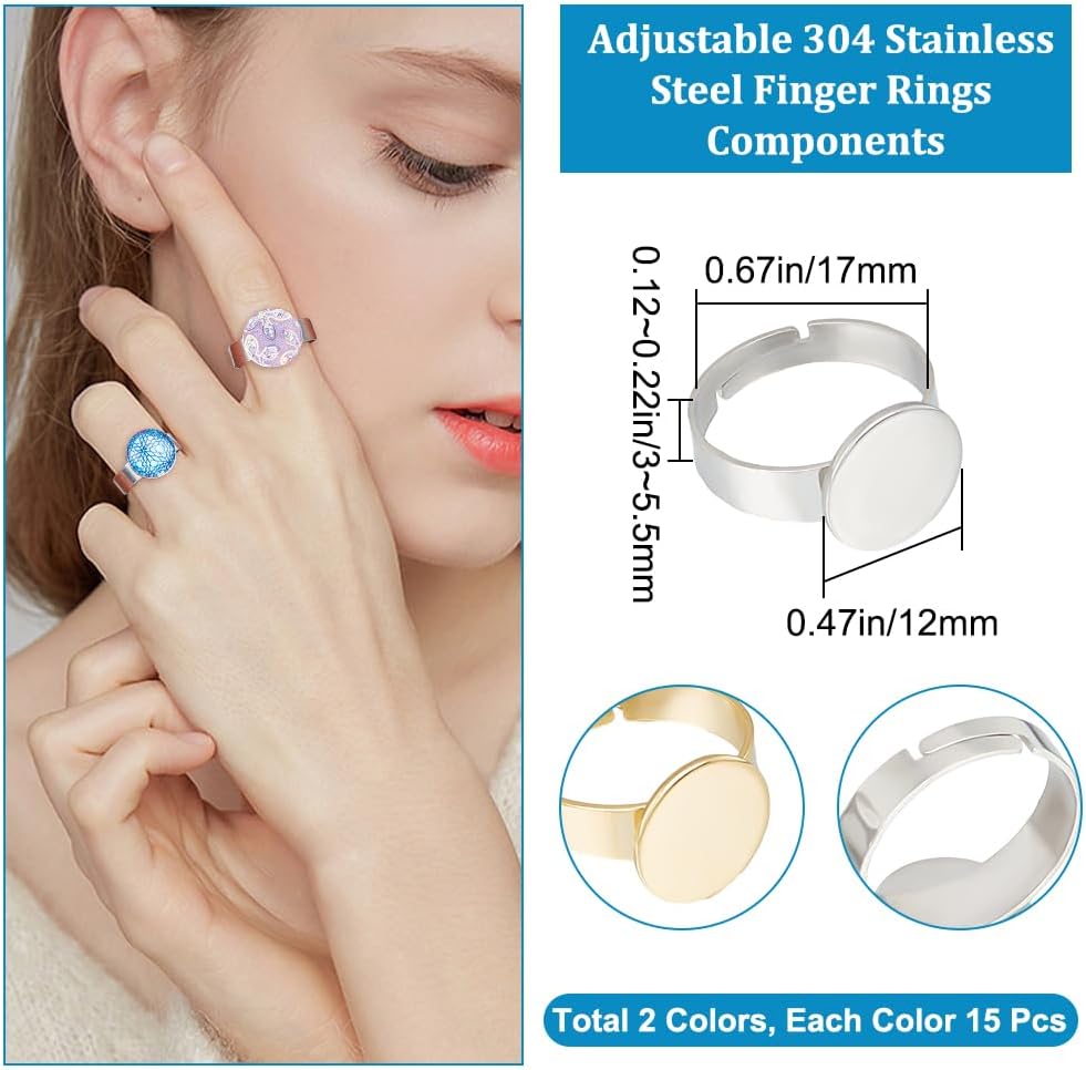 Beebeecraft 1 Box 30Pcs 2 Colors 12mm Ring Blank Bases 24K Gold Plated Stainless Steel Flat Ring Adjustable Cabochon Ring Bezel Blanks Round Finger Ring Trays for DIY Jewellery Making