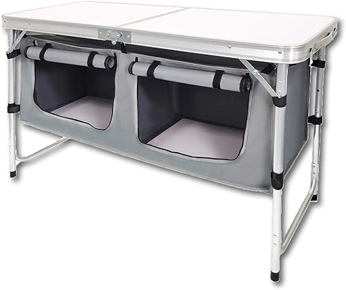 Miniatura 8 de Mesa plegable para exteriores, mesas plegables de camping con 3 patas de altura ajustable y organizador de almacenamiento para barbacoa, fiesta,