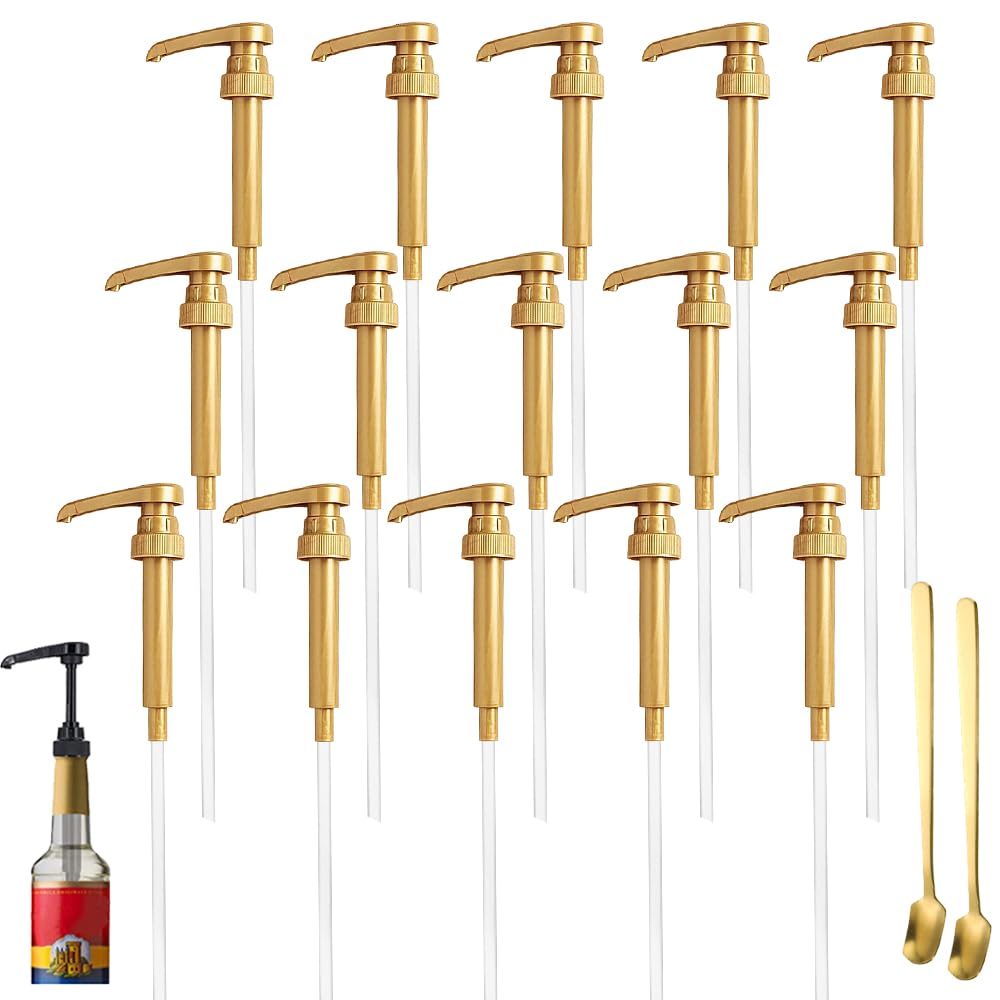 15Pcs Gold Syrup Pump for Coffee, Compatible with 25.4 Oz/750ml Bottles, Great for Home & Coffee Bar Drinking Mixes, Tea, Beverage, Cocktails, Plus Spoons