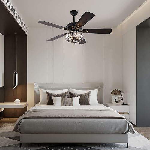 Miniatura 7 de Ventilador de techo de cristal de 52 pulgadas, ventilador de techo enjaulado de hierro negro de 3 luces con luces, reversible, retro, 5 aspas de