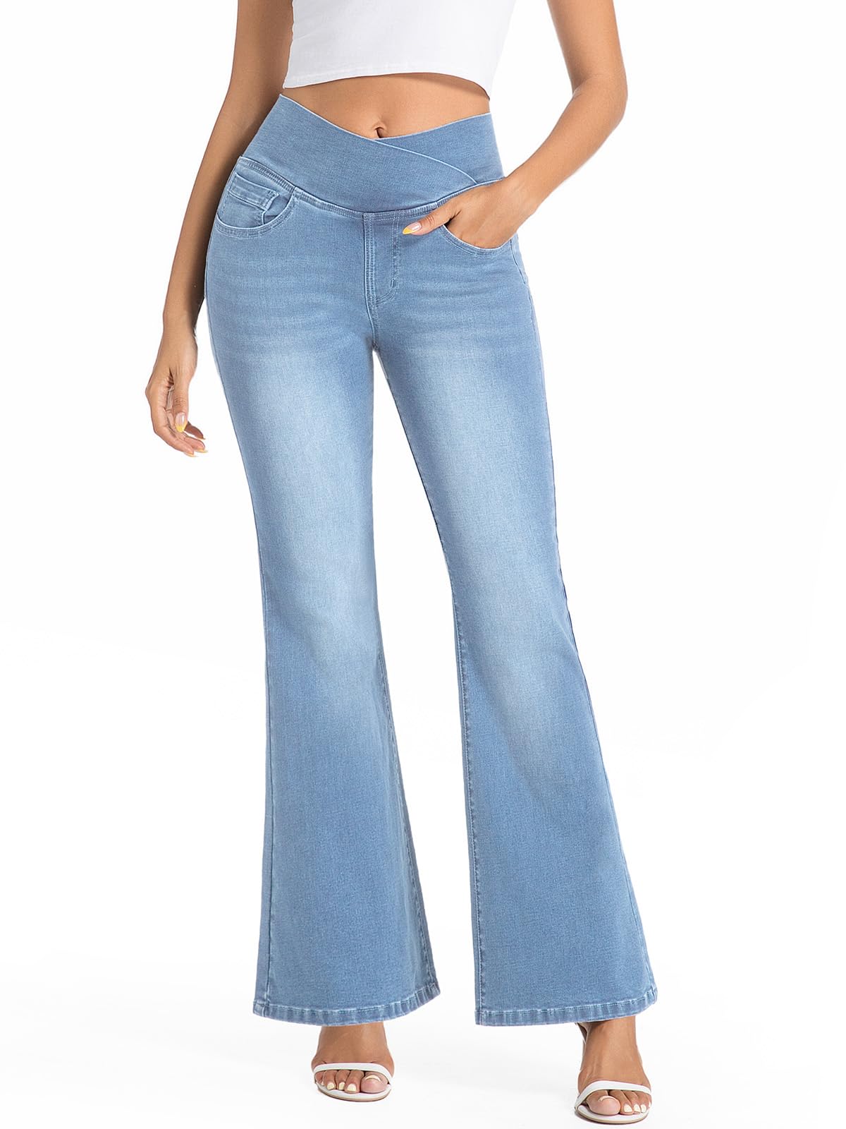 VX VONXURY Vaqueros Elásticos Mujer Acampanados Cintura Alta Lavado Push Up Levanta Glúteos Control Abdominal Pantalon Campana Mujer con 4 Bolsillo