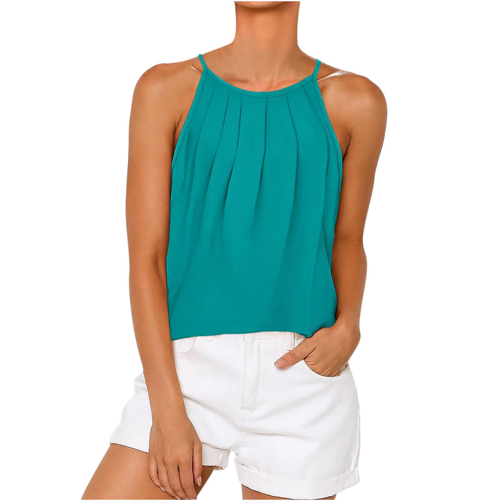 XUNRYAN Womens Tank Tops Spaghetti Strap Camis Casual Flowy Pleated Vest Shirts Sleeveless Cotton Soft Summer Tees Blouses