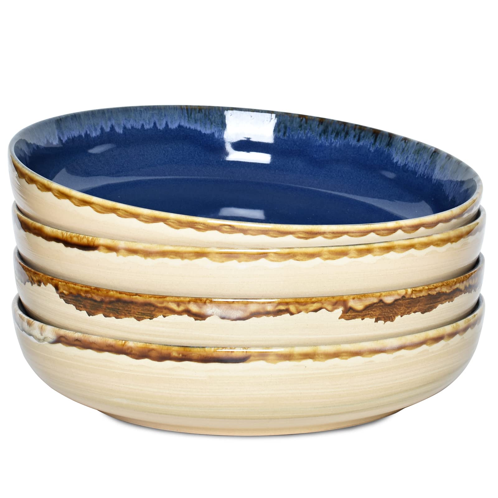 Bosmarlin Stoneware Large Pasta Bowls, 40 Oz, Set of 4, Big Salad Bowls, Microwave and Dishwasher Safe (Prussian Blue, 9.3 in)