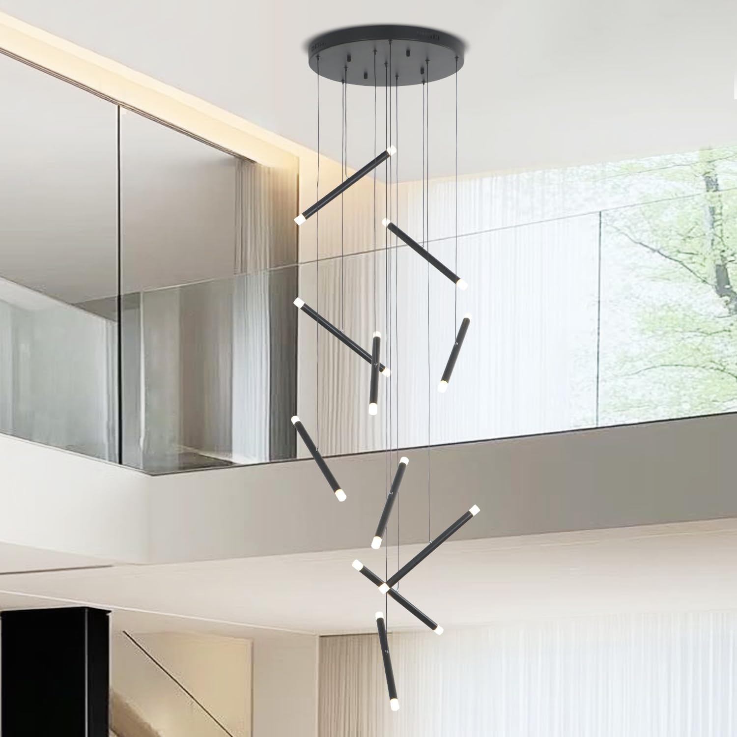 20 Lights Sputnik LED Chandelier for Stair Foyer Villa Black Branch Chandelier with 3000K Warm Light Adjustable Minimalist Linear High Ceiling Pendant,G4 Bulbs Include