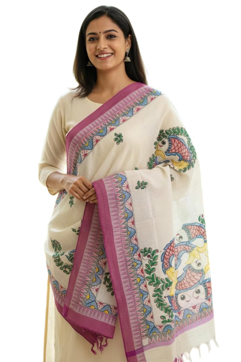 Hand Painted Madhubani Art Cotton Silk Dupatta | Madhubani Collection-image-14