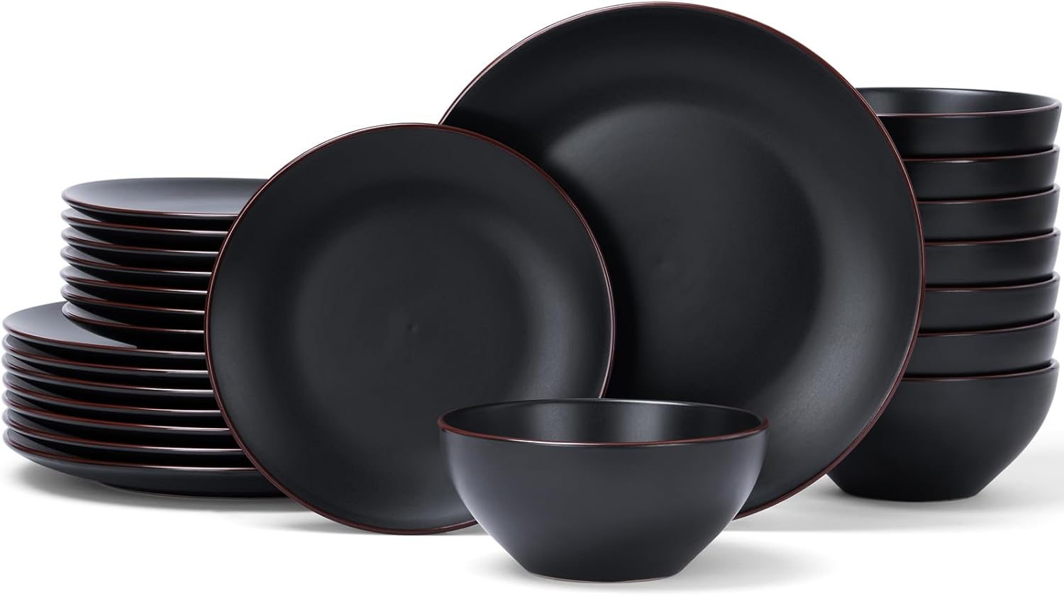 famiware venus ceramic plates and bowls sets, dinnerware dish sets for 8 (24 pieces) - microwave and dishwasher safe, matte black matte black set(24pcs)