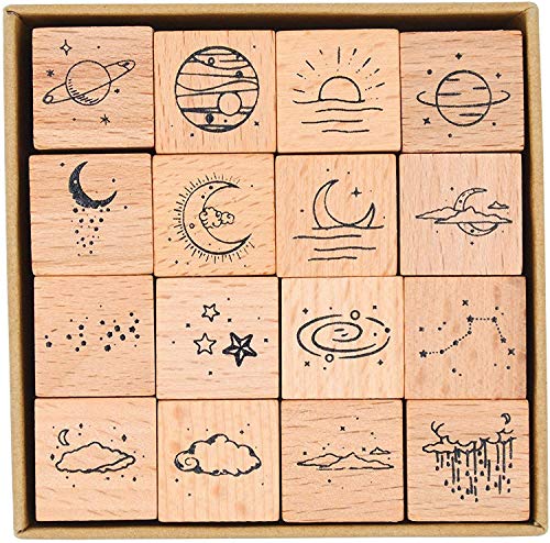 Fciqven 16 Pcs Vintage Wooden Rubber Stamp Set, Moon Decorative Stamp Wood Rubber Stamp for DIY Craft, Scrapbooking, Card Making, Gift Wrapping, Journals