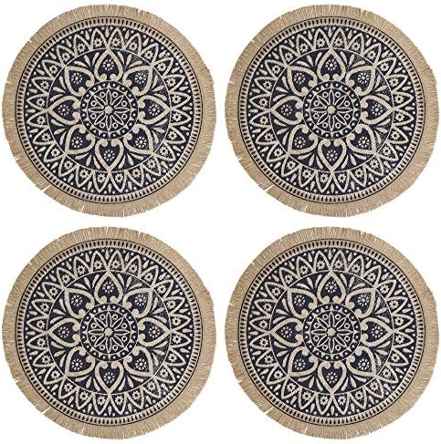 Creative Tops Set of 4 Jute Placemats with Mandala Design, Natural Printed Hessian Round Table Mats, Blue, 41cm