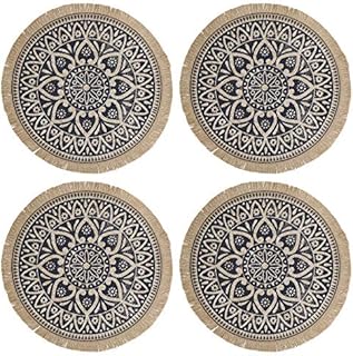 Creative Tops Set of 4 Jute Placemats with Mandala Design, Natural Printed Hessian Round Table Mats, Blue, 41cm