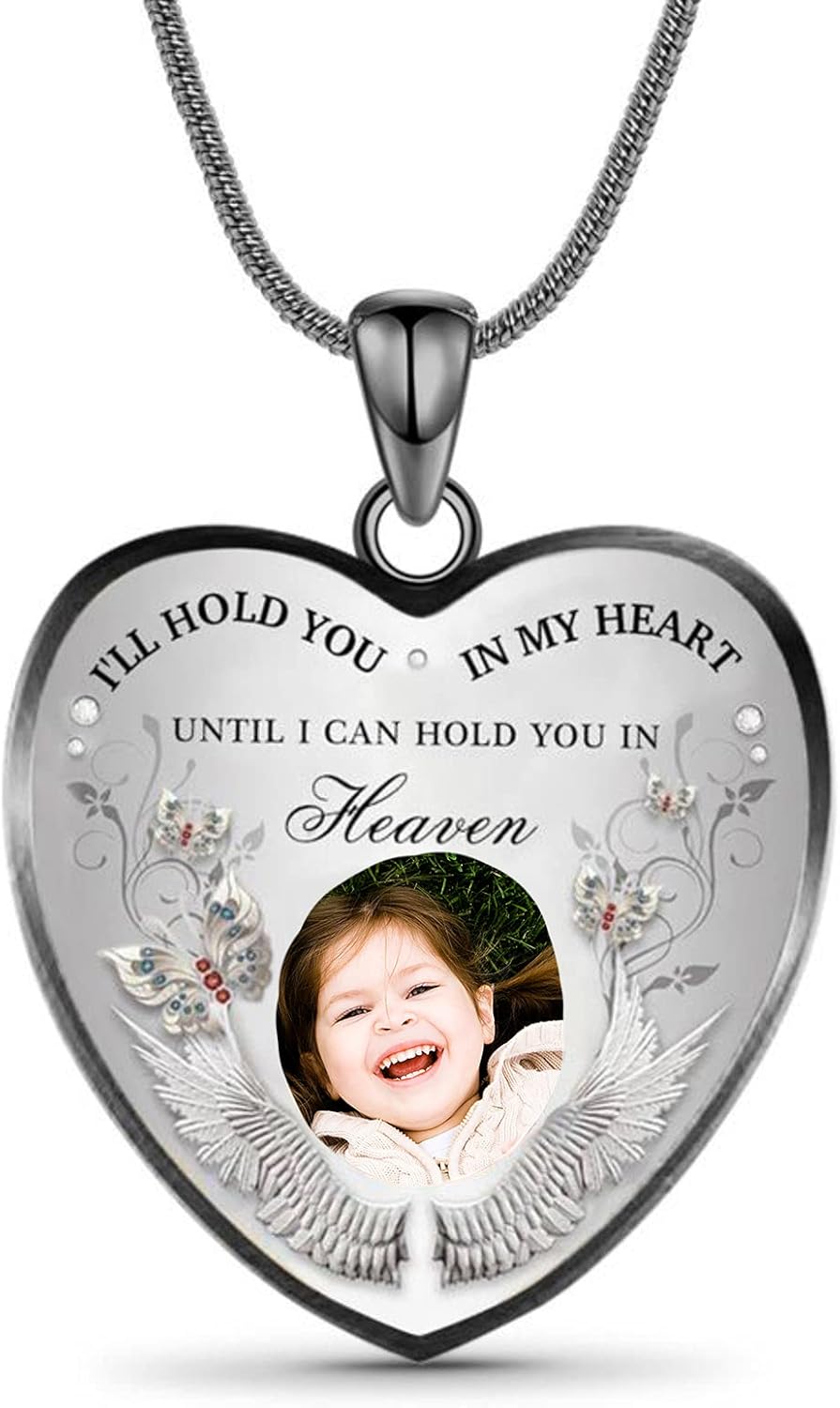 Drawelry Personalized Photo Necklace Custom Picture In Memory Heartshaped I'll Hold You In My Heart With Wings Snake Chain Necklace Pendant Jewelry Gifts for Men Women Him Her Mom Couple - Image 4