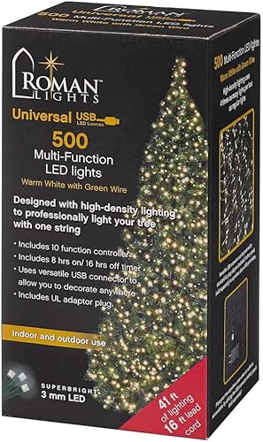 Roman Luces LED superbrillantes USB 500L blanco cálido de 42 pies, juego de luces de cable verde, controlador de 10 funciones, temporizador de 8