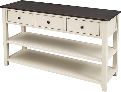 Miniatura 16 de Mesa consola retro con 3 cajones, mesa de entrada de madera maciza, mesa de sofá estrecha con estante, mesa de entrada estrecha, mesa de pasillo de