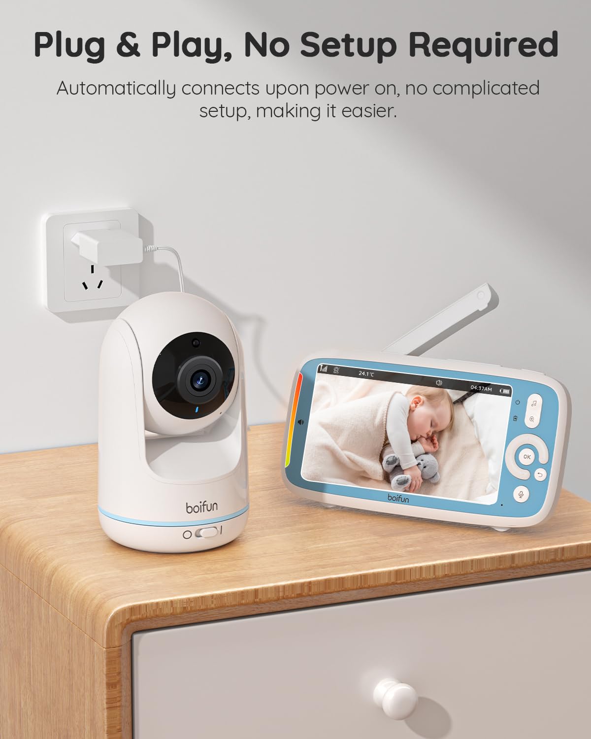 BOIFUN Baby Monitor con Telecamera Rotante 360° HD, Schermo IPS 5”, Audio Bidirezionale, Rilevamento Temperatura, Batteria 3050mAh, Zoom 3X, Visione Notturna,Modalità VOX, Ninne Nanne per Neonati