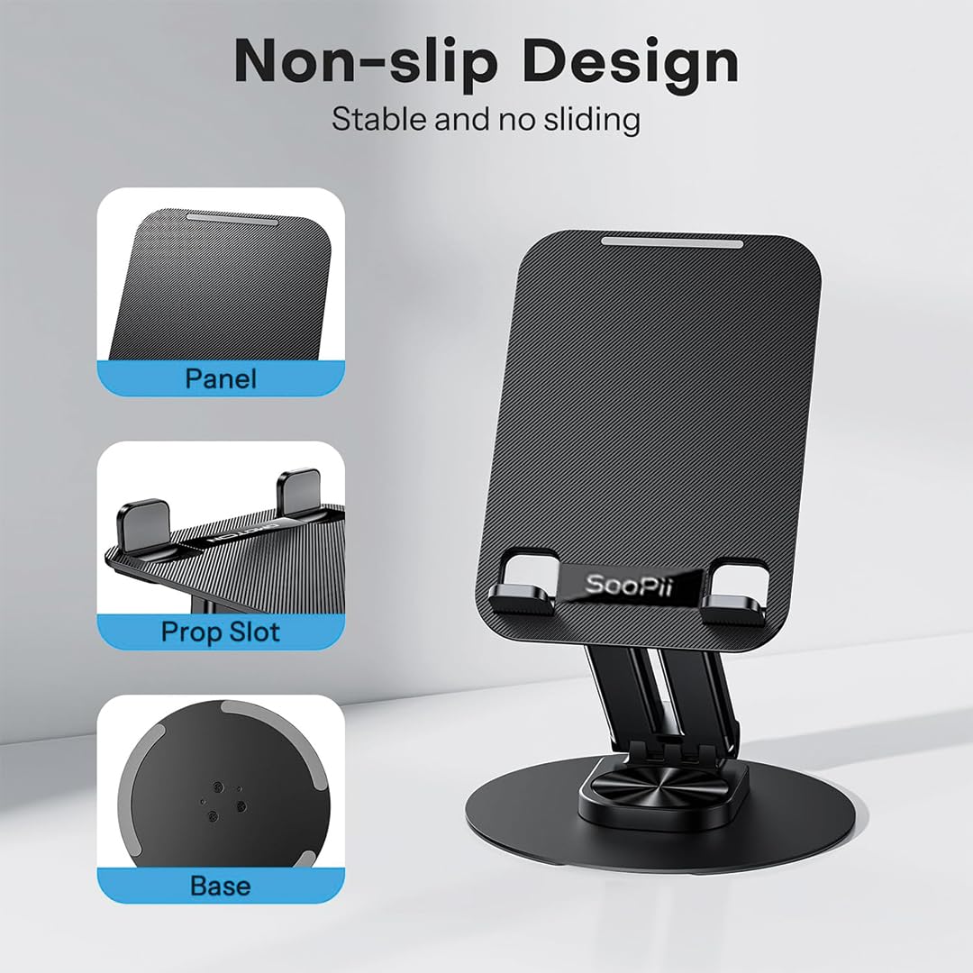 SOOPII DM-22 World's Latest Premium A Grade Quality Fully Foldable - Desktop Tablet Stand + Mobile Stand, Heavy Base Aluminum Holder for Tablets/Mobile/Tab Stand and e-Book Readers (Up to 12.9 inch) 1