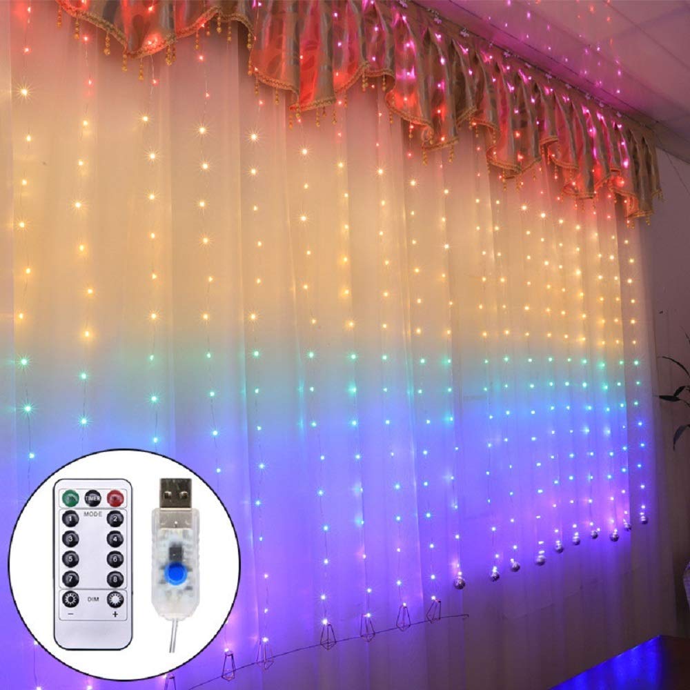 Cortina de Luces LED USB,1.5m*2m 210 LED 8 Modos de Luz con Control Remoto, Impermeable,Luz de Hadas Intensidad Regulable, Decoración de Fiestas, Navidad, Balcón (Multicolor)