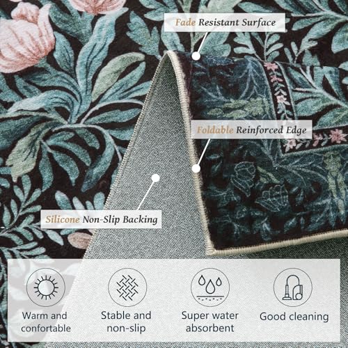 Image of Washable Area Rugs 9x12 Black Green Vintage Floral Botanical Pattern,Perfect for Living Room, Bedroom, Kids Room, Nursery - Stain & Water Resistant Non-Slip, Pet & Child Friendly /Bedroom Decor
