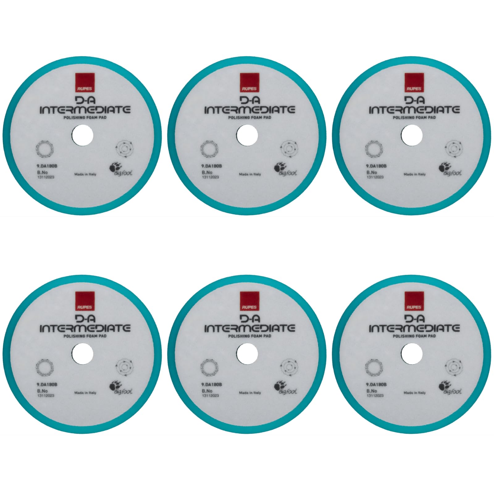 RUPES 180mm Pack of 6 Light Blue D-A Intermediate Foam Polishing Pads Ideal for Moderate to Fine Paint Correction &amp; Gloss Enhancement | Compatible with 6" Backing Plate