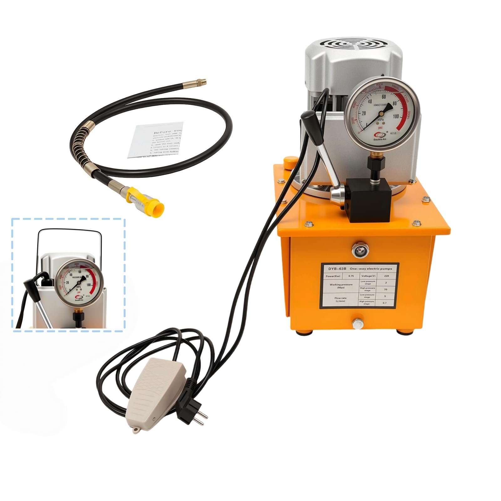 Pompe hydraulique électrique 220 V CA, pompe hydraulique simple à action avec valve manuelle, avec réservoir de 7 litres (y compris 1 tuyau d'huile), pour lever, presser, plier, redresser, couper